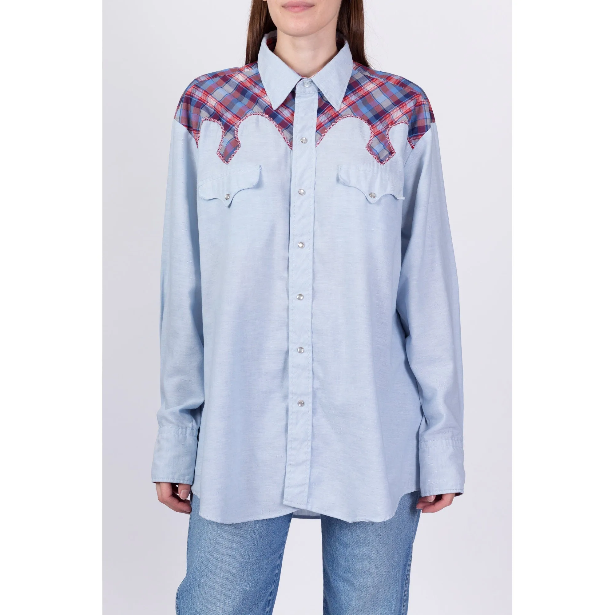70s Kenny Rogers Karman Plaid Trim Western Shirt - Men's XL