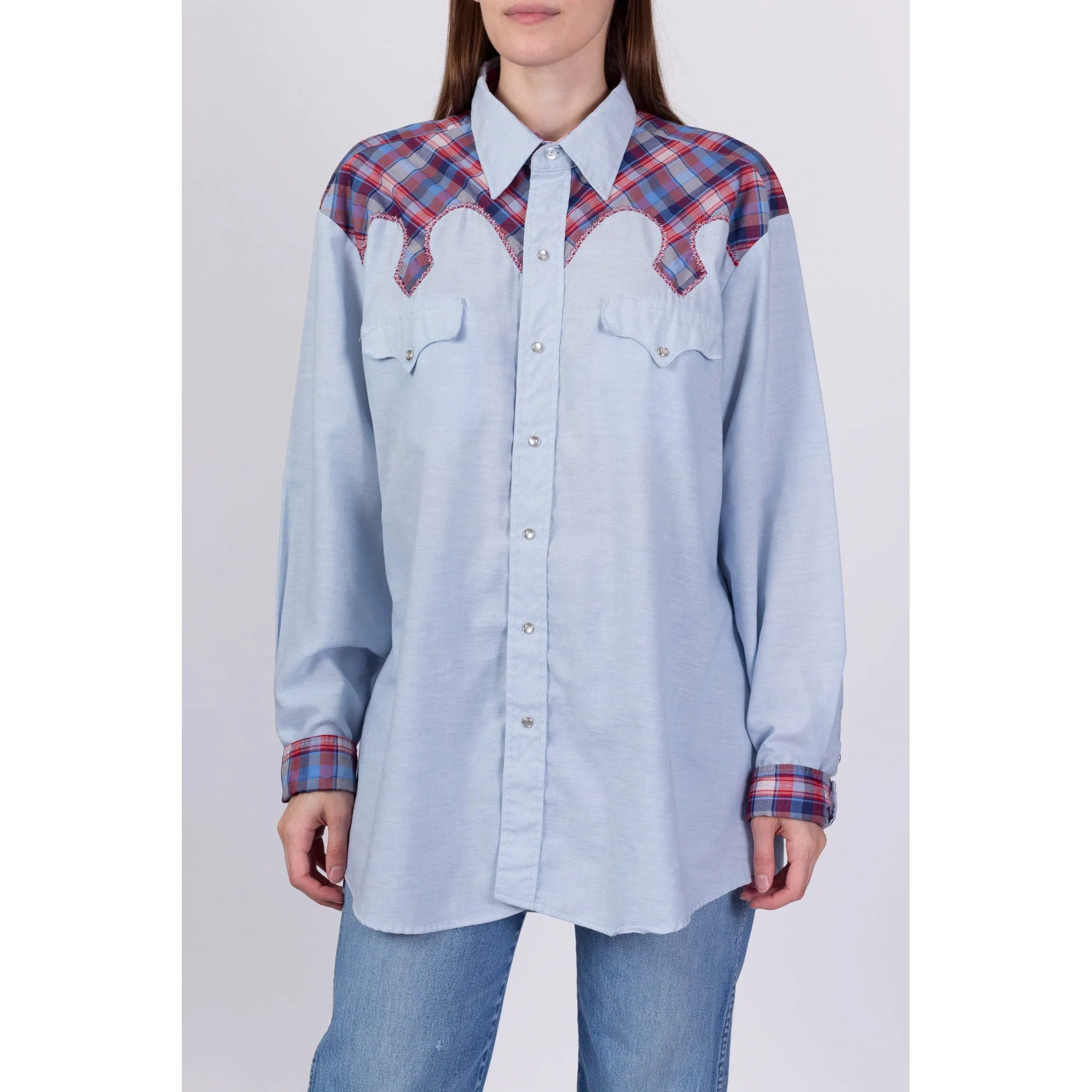 70s Kenny Rogers Karman Plaid Trim Western Shirt - Men's XL