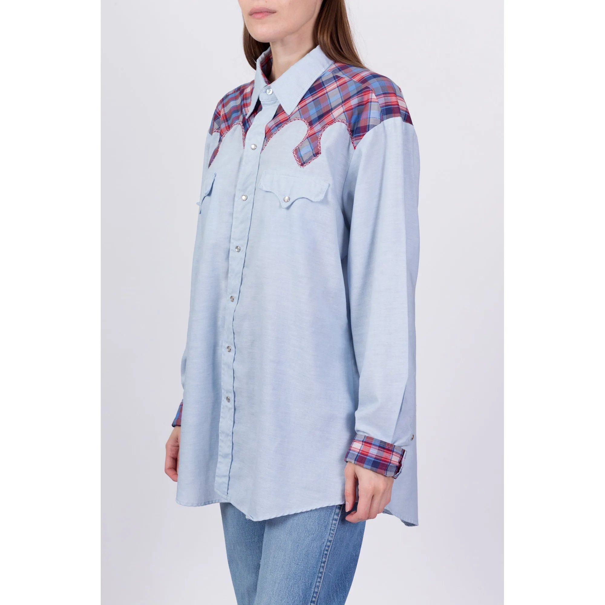 70s Kenny Rogers Karman Plaid Trim Western Shirt - Men's XL
