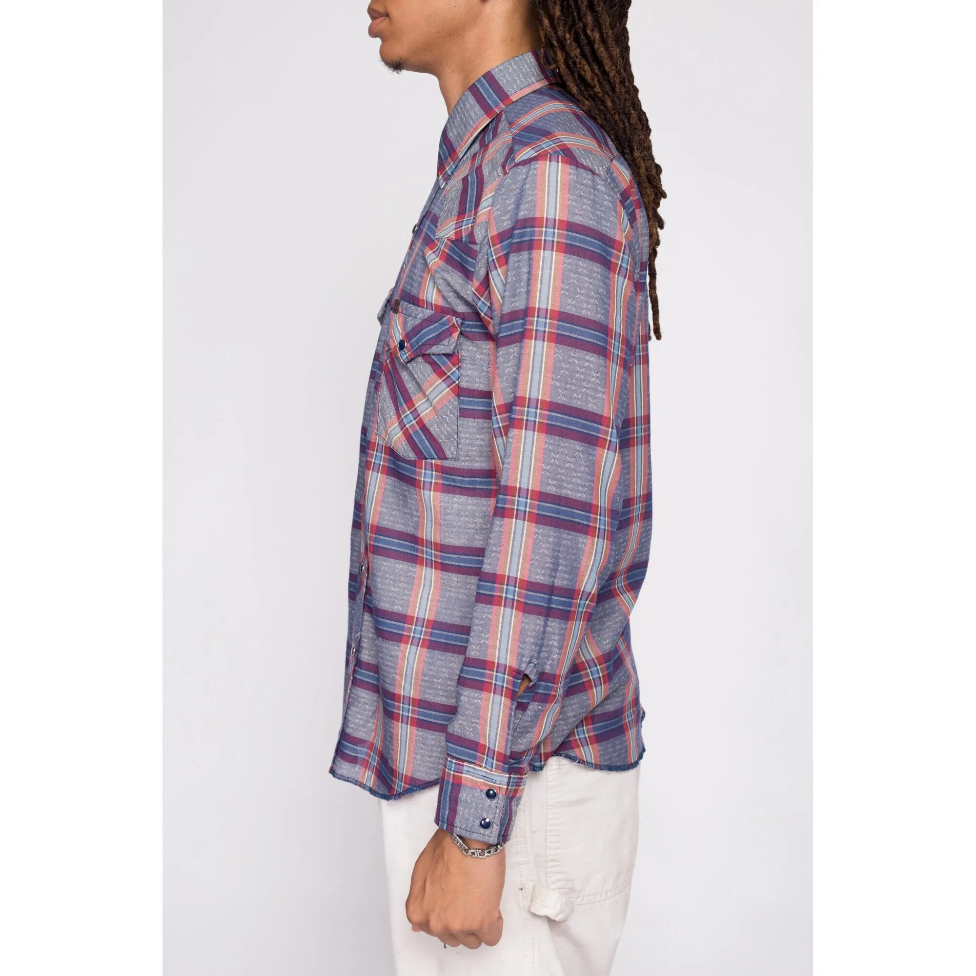 70s Wrangler Plaid Pearl Snap Shirt - Men's Medium