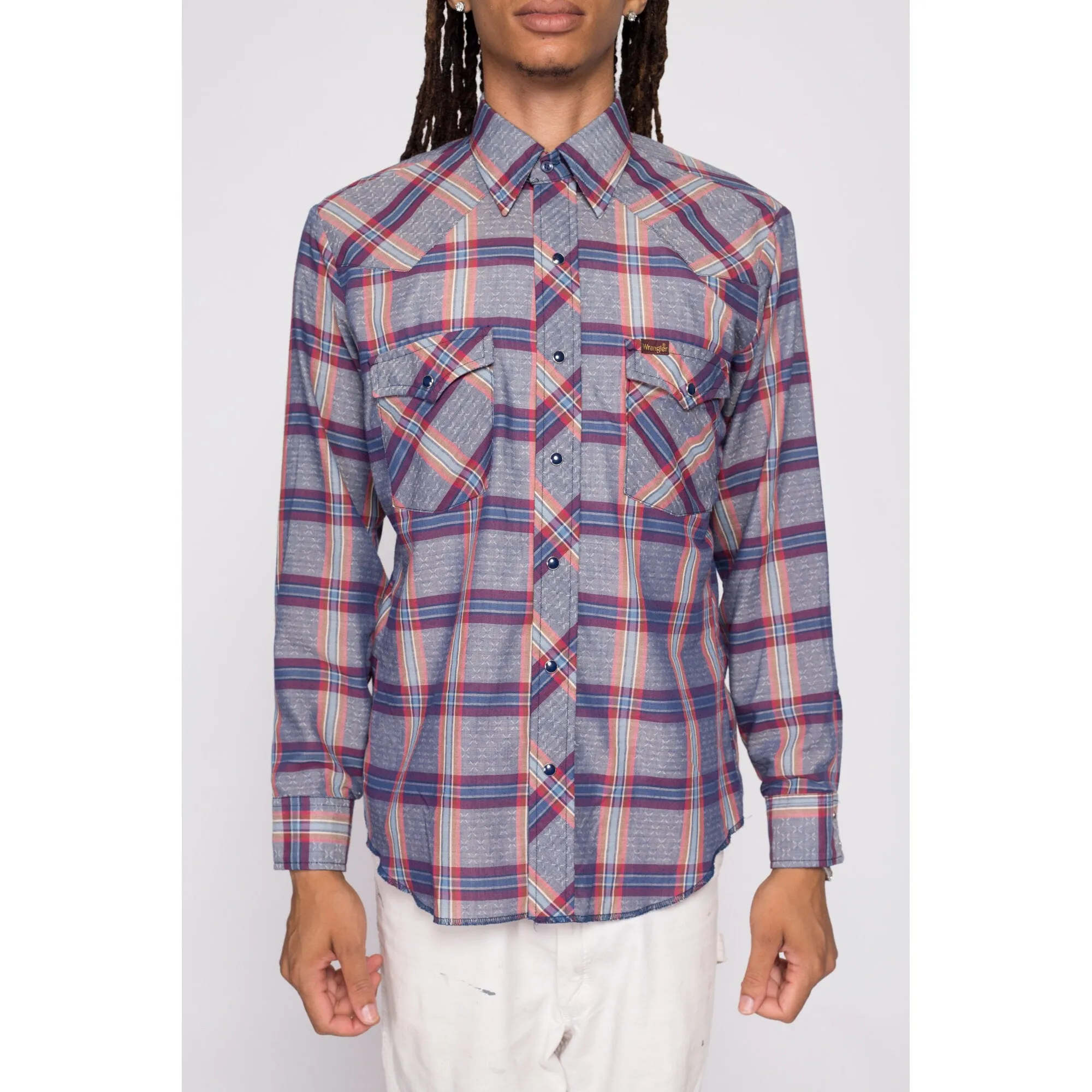 70s Wrangler Plaid Pearl Snap Shirt - Men's Medium