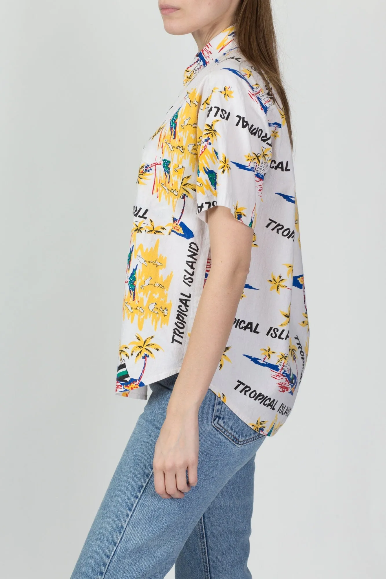 80s Tropical Island All-Over Print Aloha Shirt - Men's Medium, Women's Large