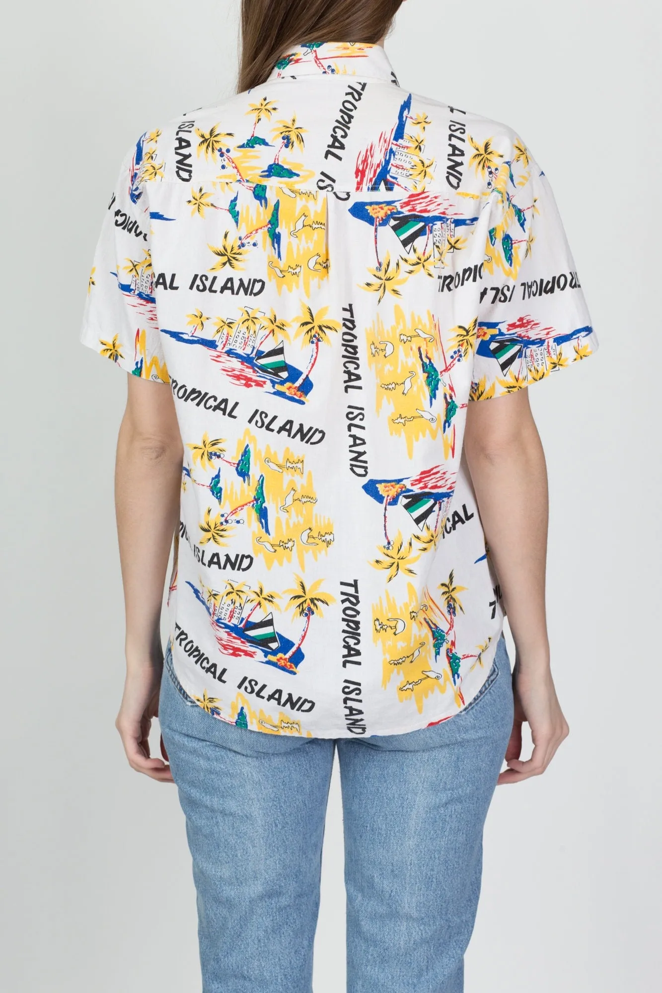 80s Tropical Island All-Over Print Aloha Shirt - Men's Medium, Women's Large