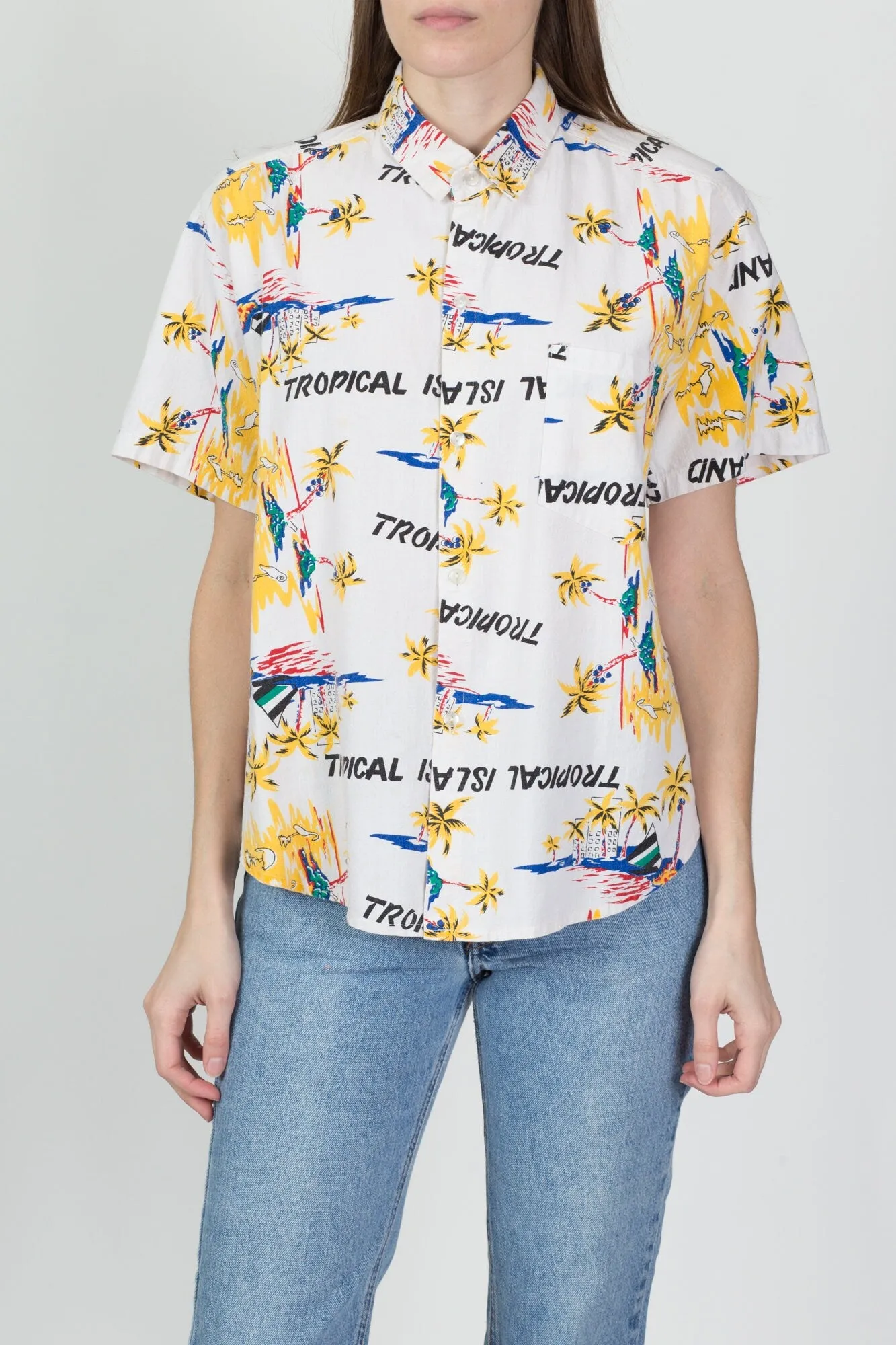 80s Tropical Island All-Over Print Aloha Shirt - Men's Medium, Women's Large