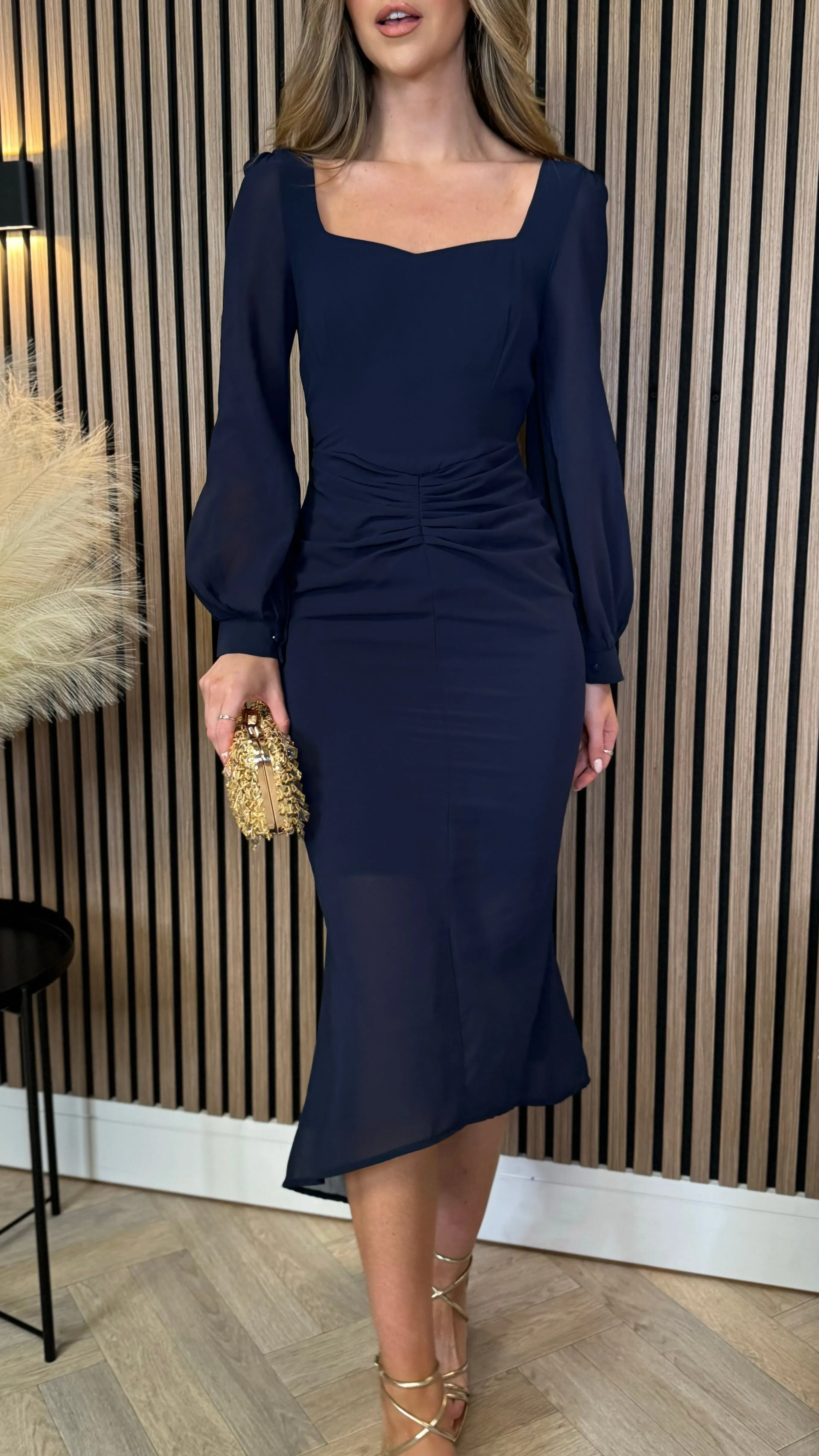 Abriella Navy Sweetheart Neck Ruched Midi Dress