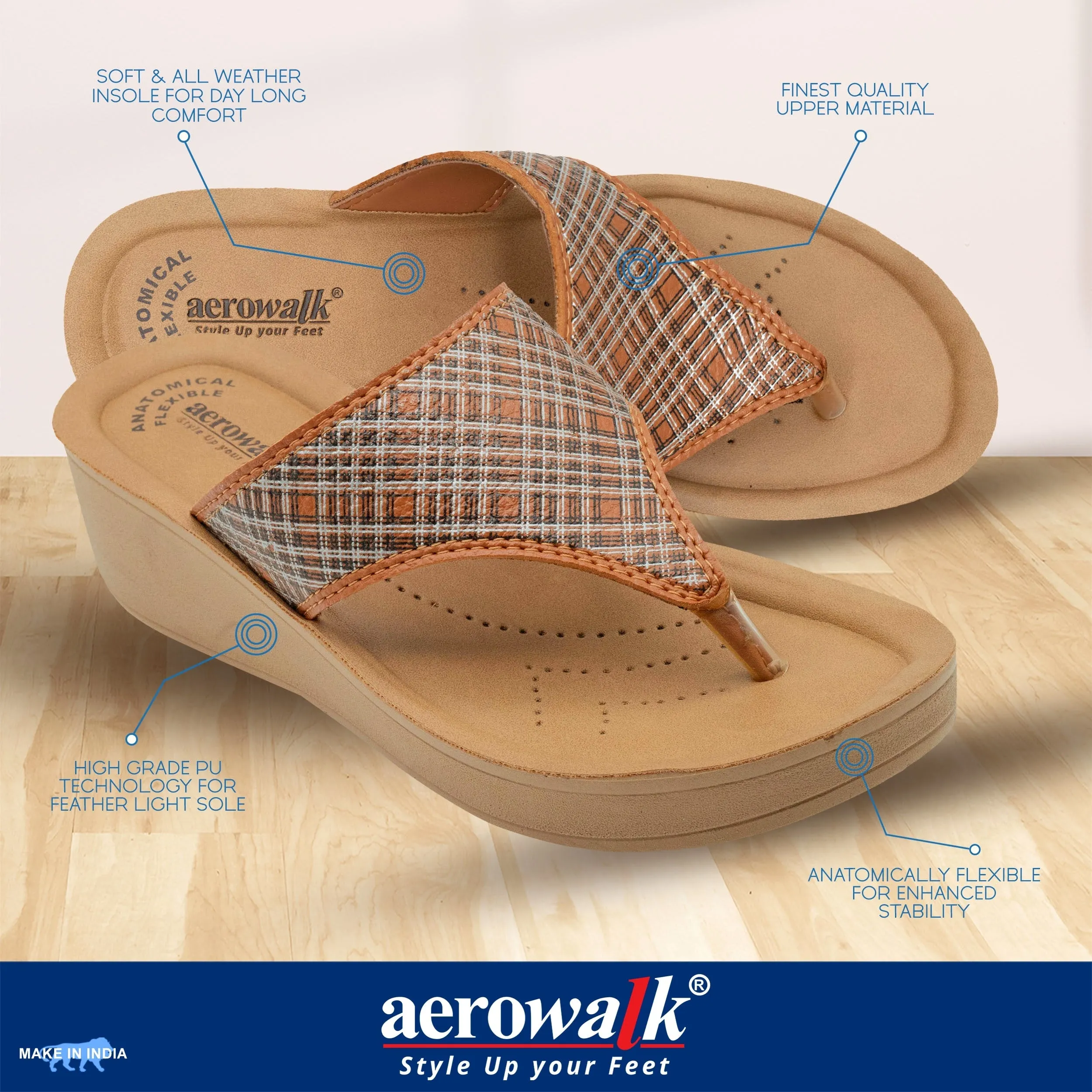 Aerowalk Women Tan Thong Style Wedge Sandal with Checkered Upper (AT77_TAN)