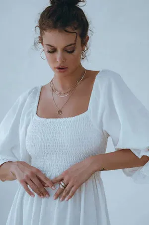 Almeria Smocked Midi Linen Dress | White (Last two remaining)