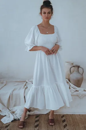 Almeria Smocked Midi Linen Dress | White (Last two remaining)