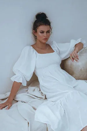 Almeria Smocked Midi Linen Dress | White (Last two remaining)