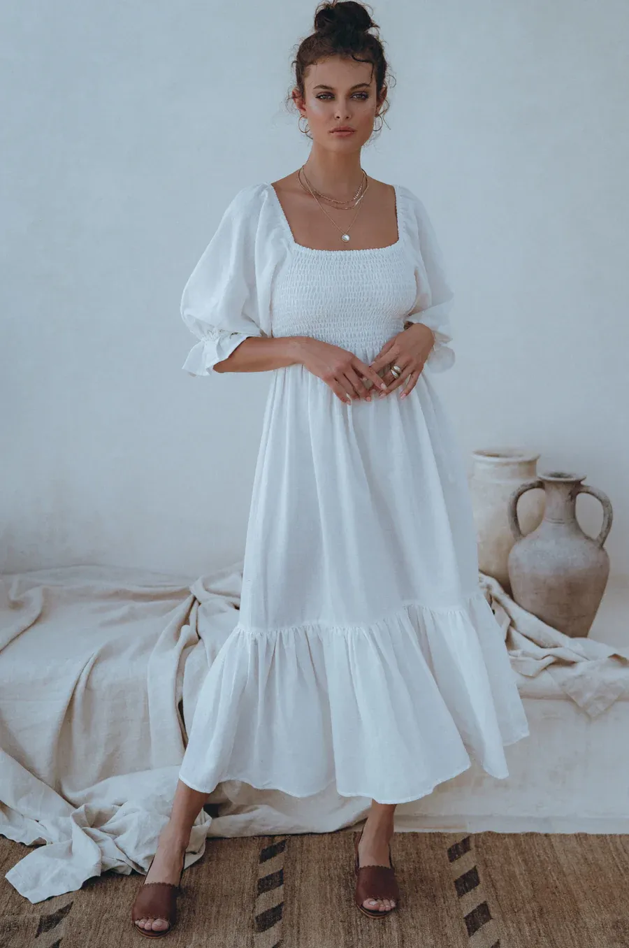 Almeria Smocked Midi Linen Dress | White (Last two remaining)