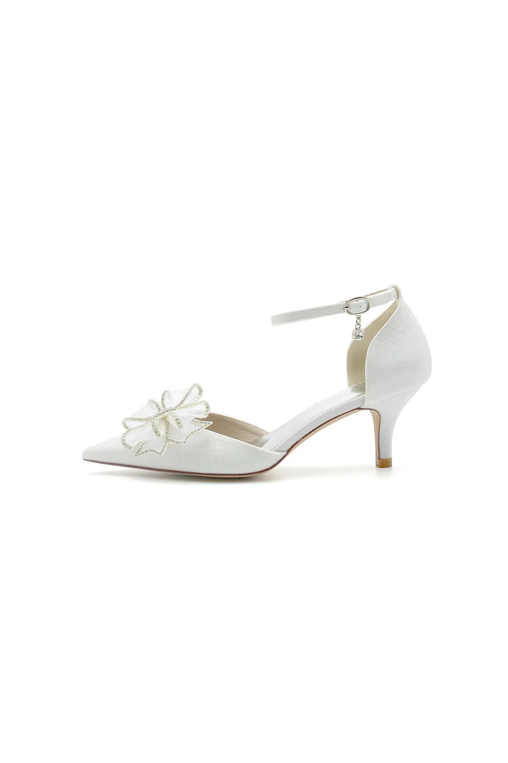 Ankle Strap Pointed Toe Glitter Crystal Wedding Shoes with Bow