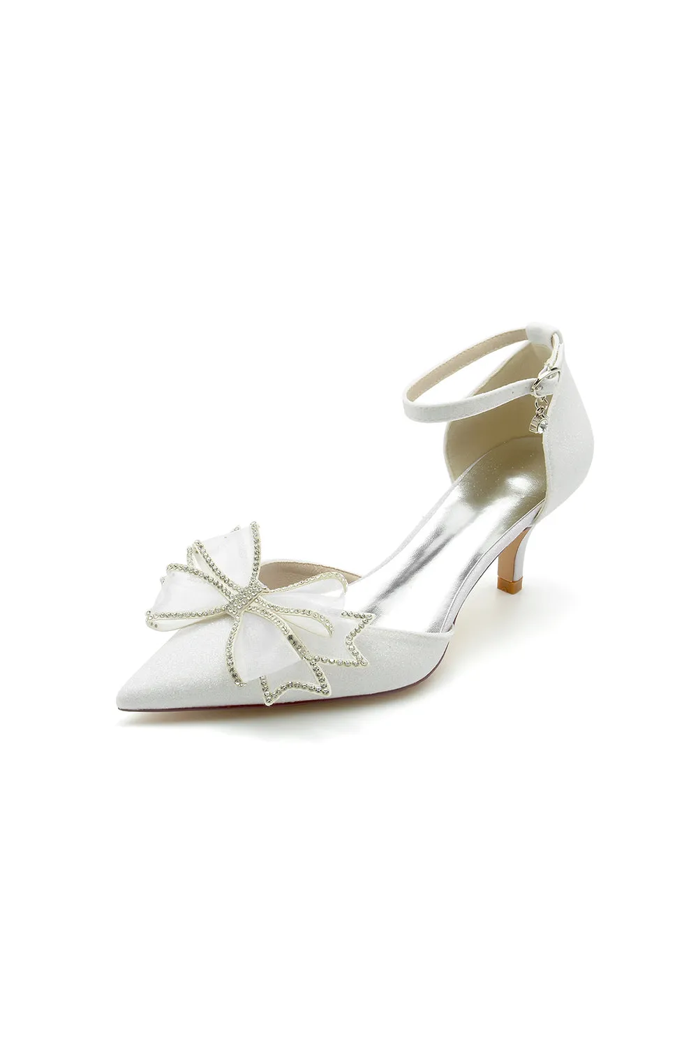Ankle Strap Pointed Toe Glitter Crystal Wedding Shoes with Bow