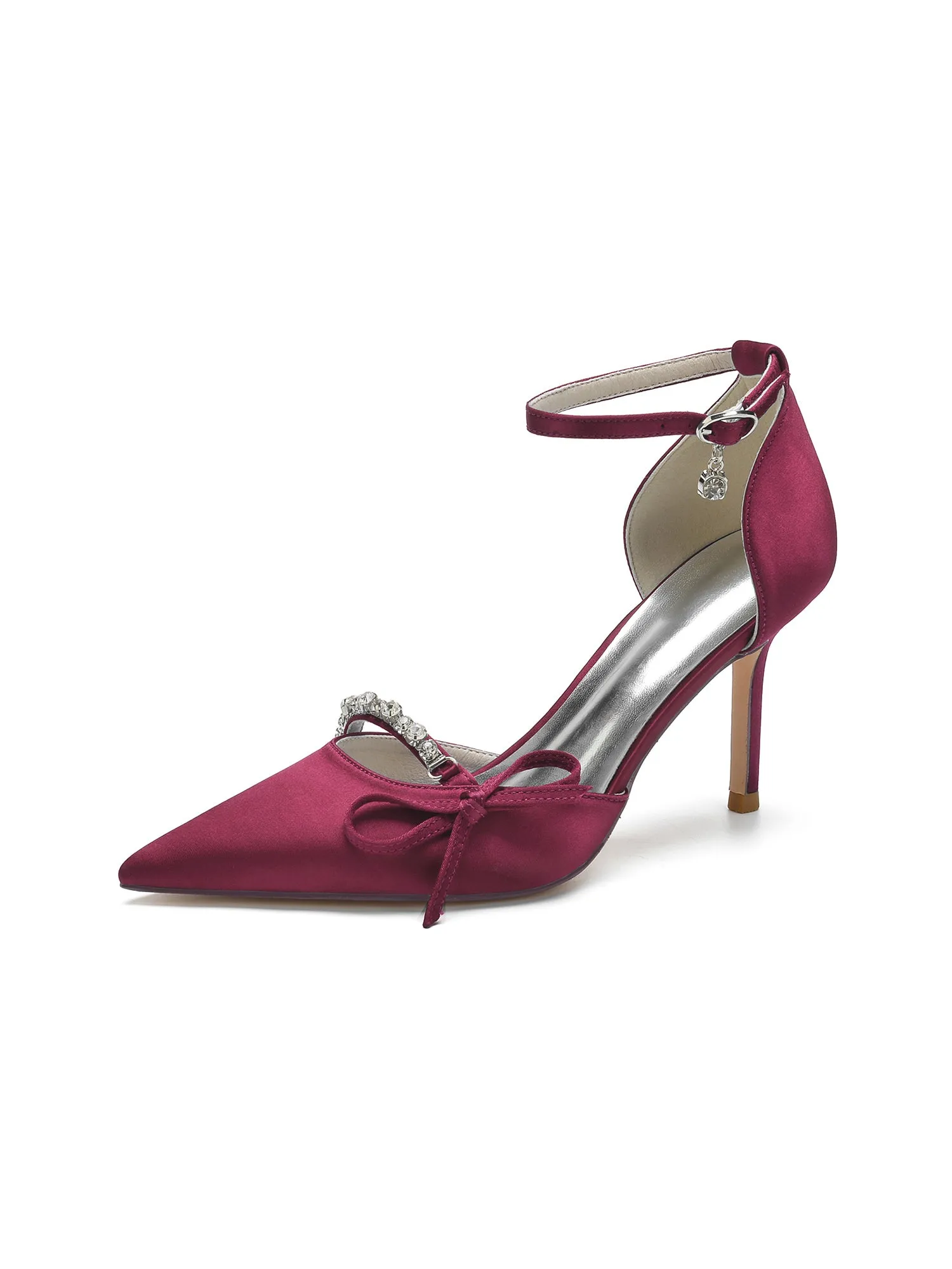 Bow Crystal Strap Pointed Toe Satin High Heels