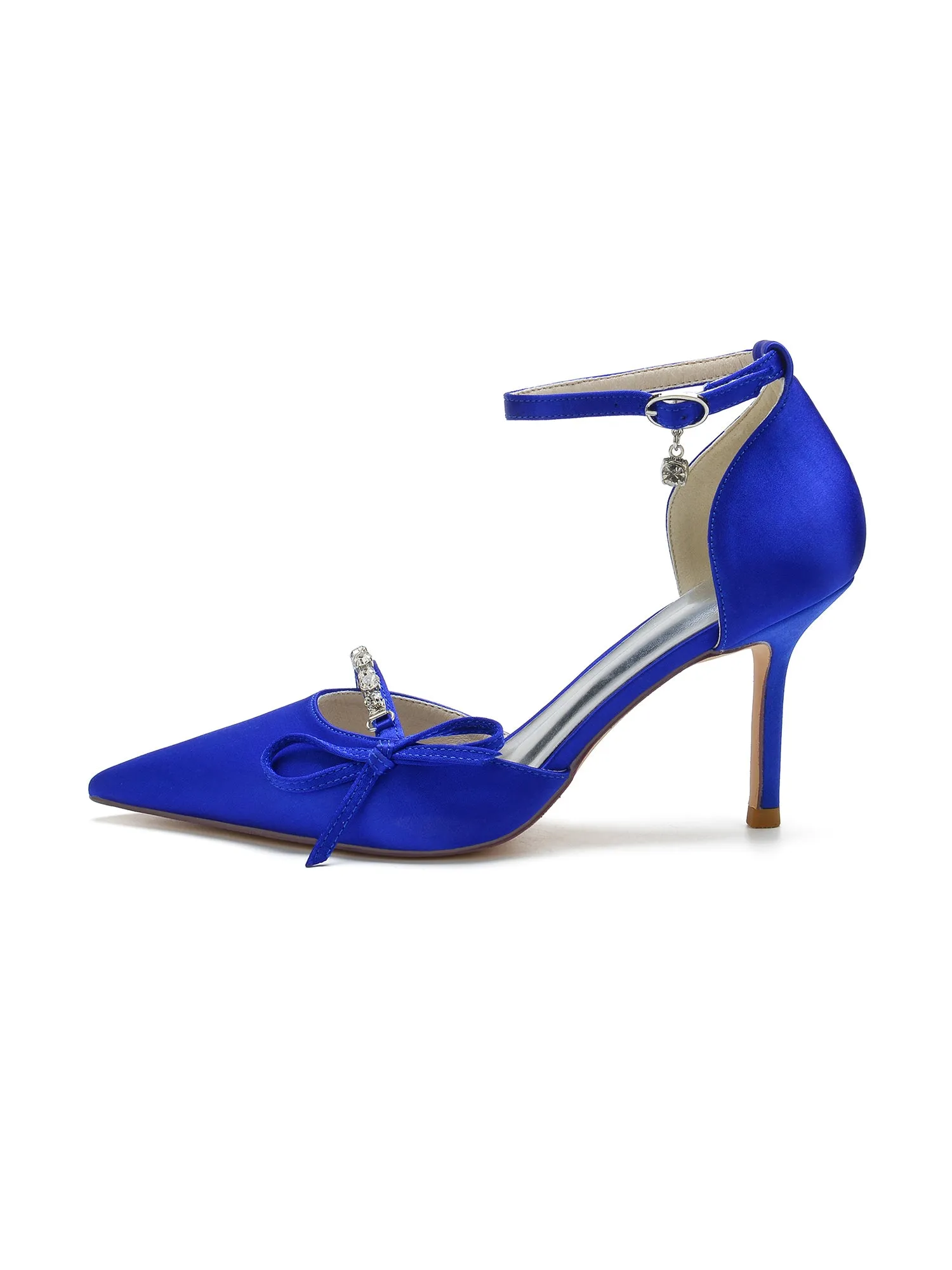 Bow Crystal Strap Pointed Toe Satin High Heels