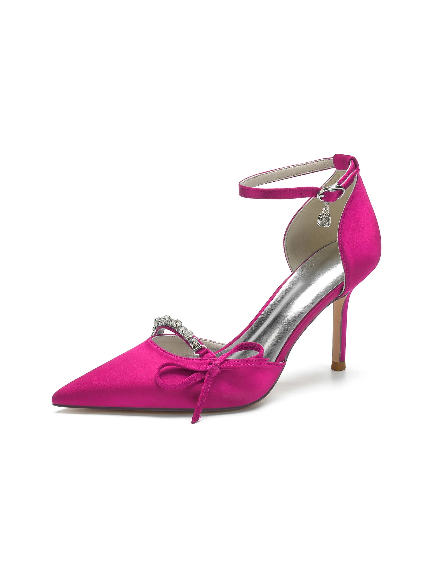 Bow Crystal Strap Pointed Toe Satin High Heels