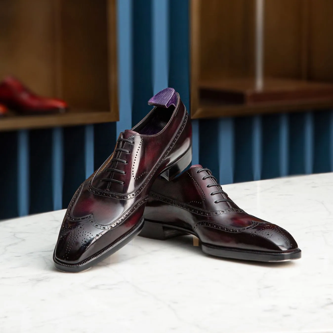 Burgundy Brown Leather Modena Brogue Wingtip Oxford Shoes - AW24
