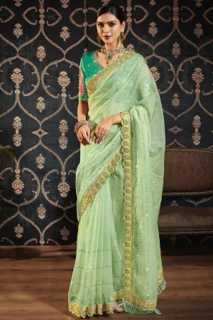 Charming Sea Green Color Organza Fabric Saree With Border Work