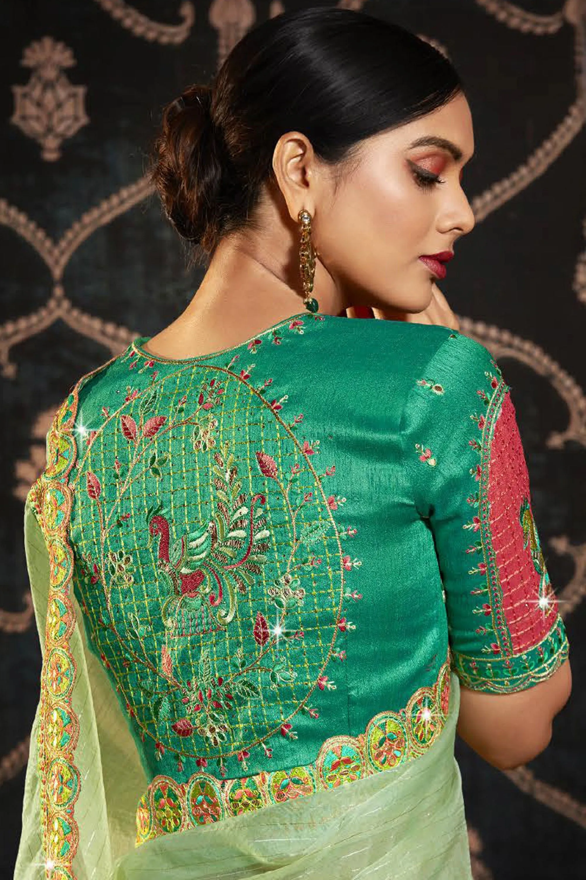 Charming Sea Green Color Organza Fabric Saree With Border Work