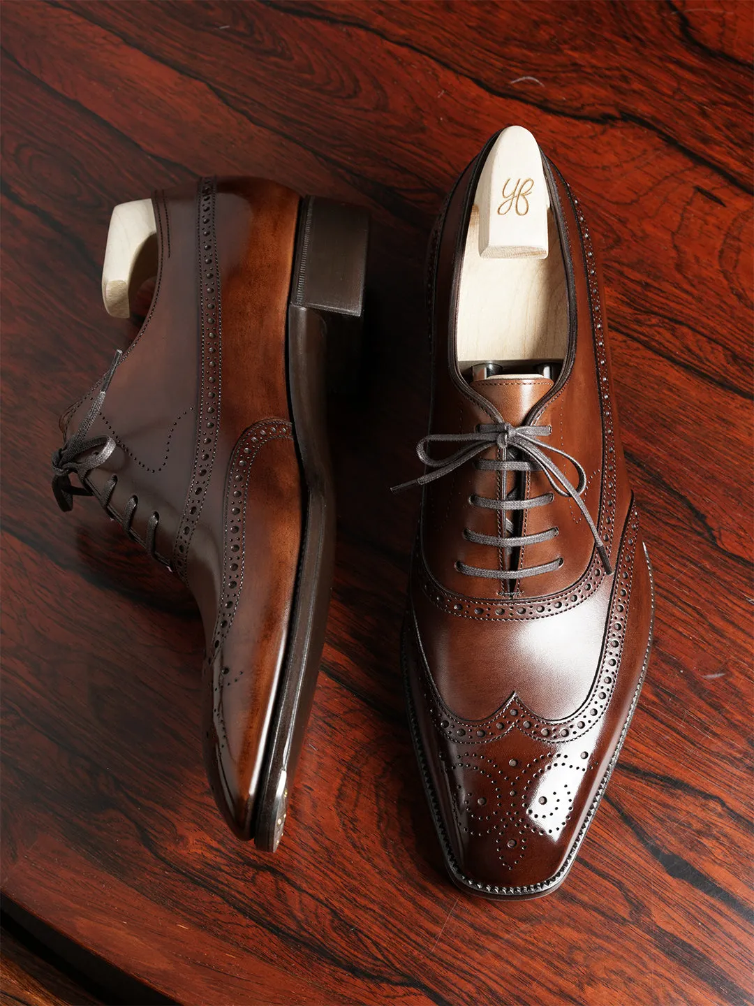Dark Tan Leather Cedria Brogue Wingtip Oxfords - Formal Shoes