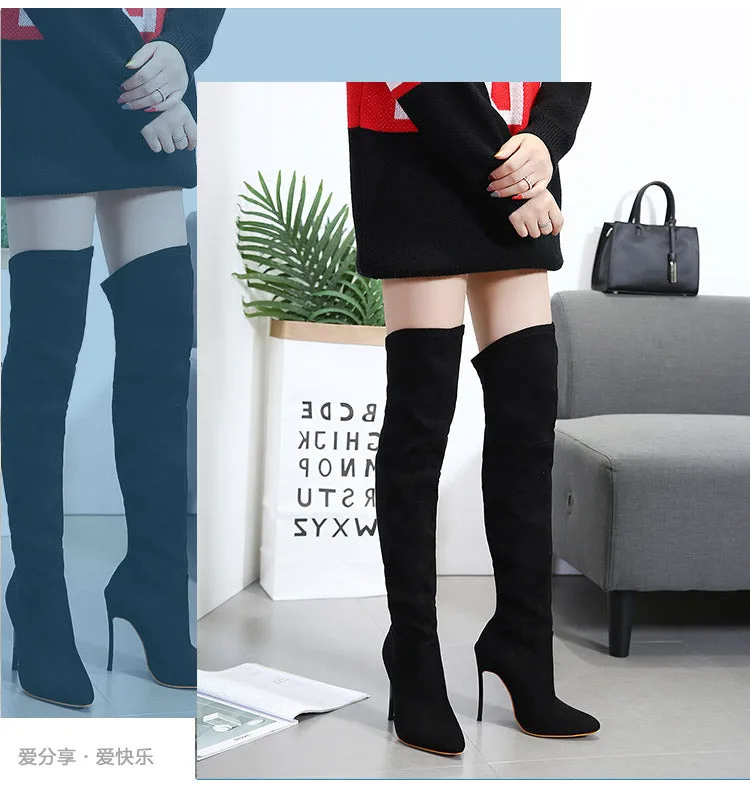 Faux Suede Pointed-Toe Over-The-Knee High Heel Boots