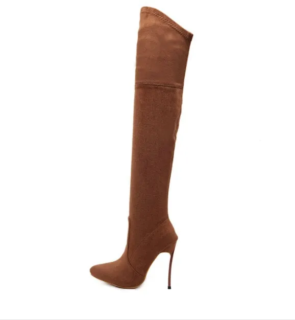 Faux Suede Pointed-Toe Over-The-Knee High Heel Boots
