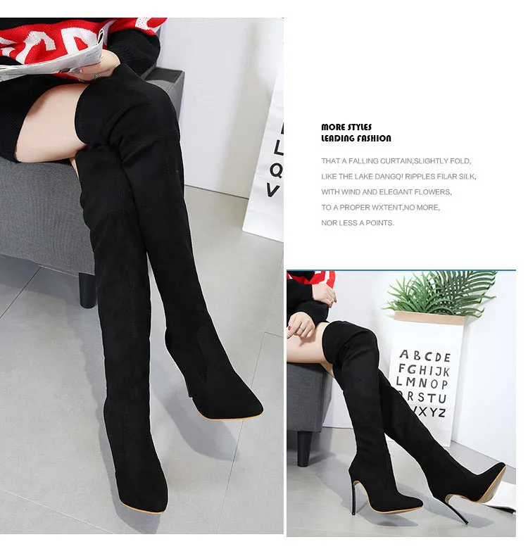 Faux Suede Pointed-Toe Over-The-Knee High Heel Boots