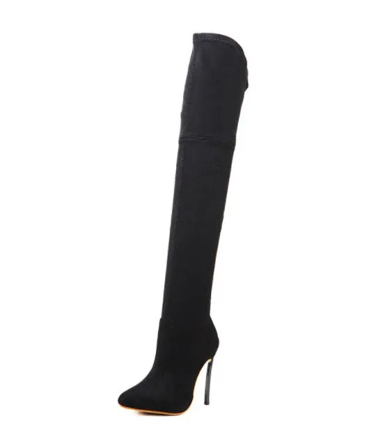Faux Suede Pointed-Toe Over-The-Knee High Heel Boots