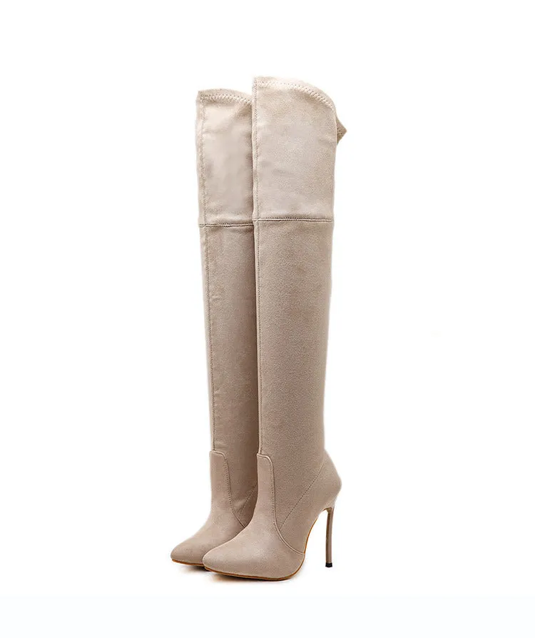 Faux Suede Pointed-Toe Over-The-Knee High Heel Boots