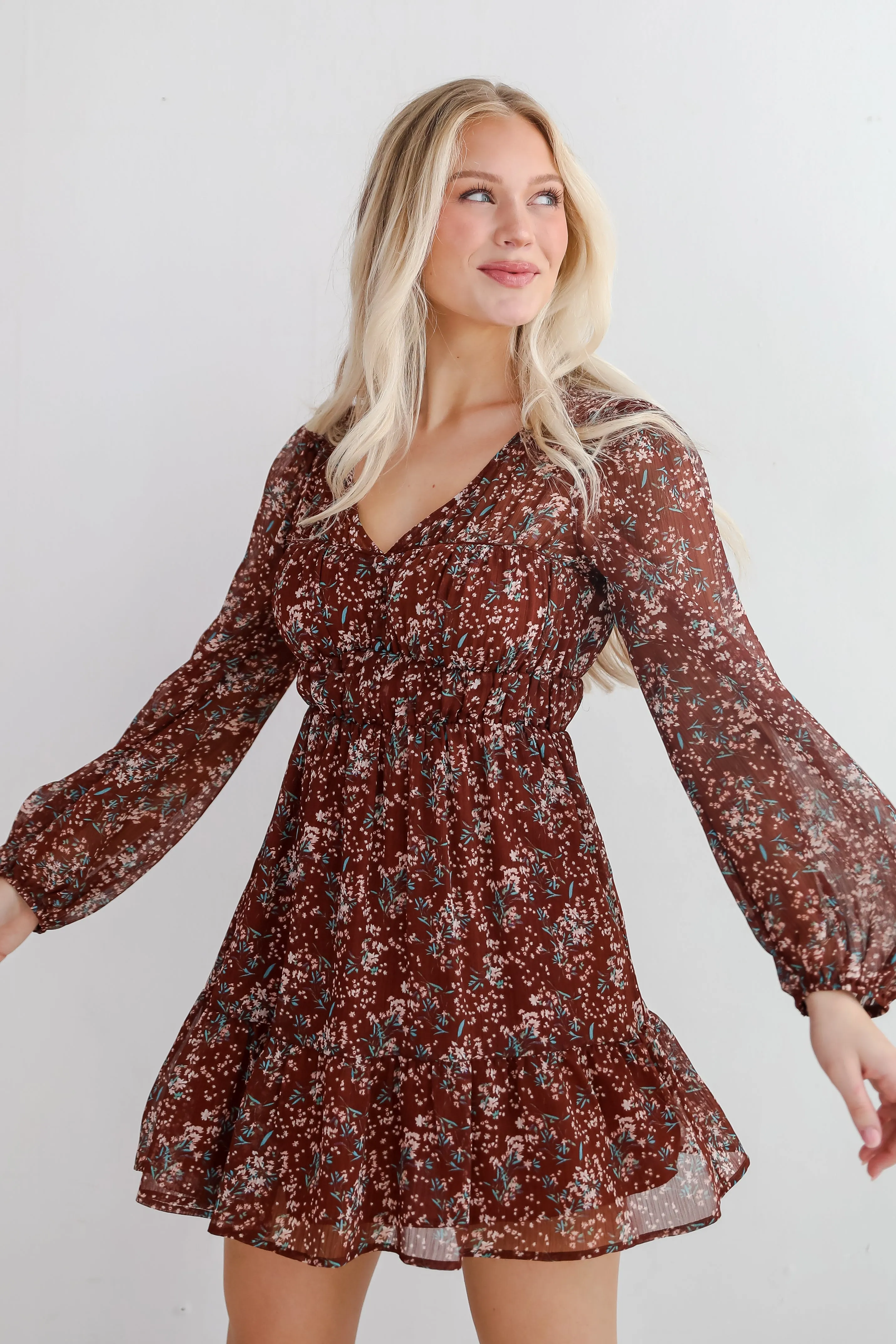 FINAL SALE - Charming Invitation Brown Floral Mini Dress