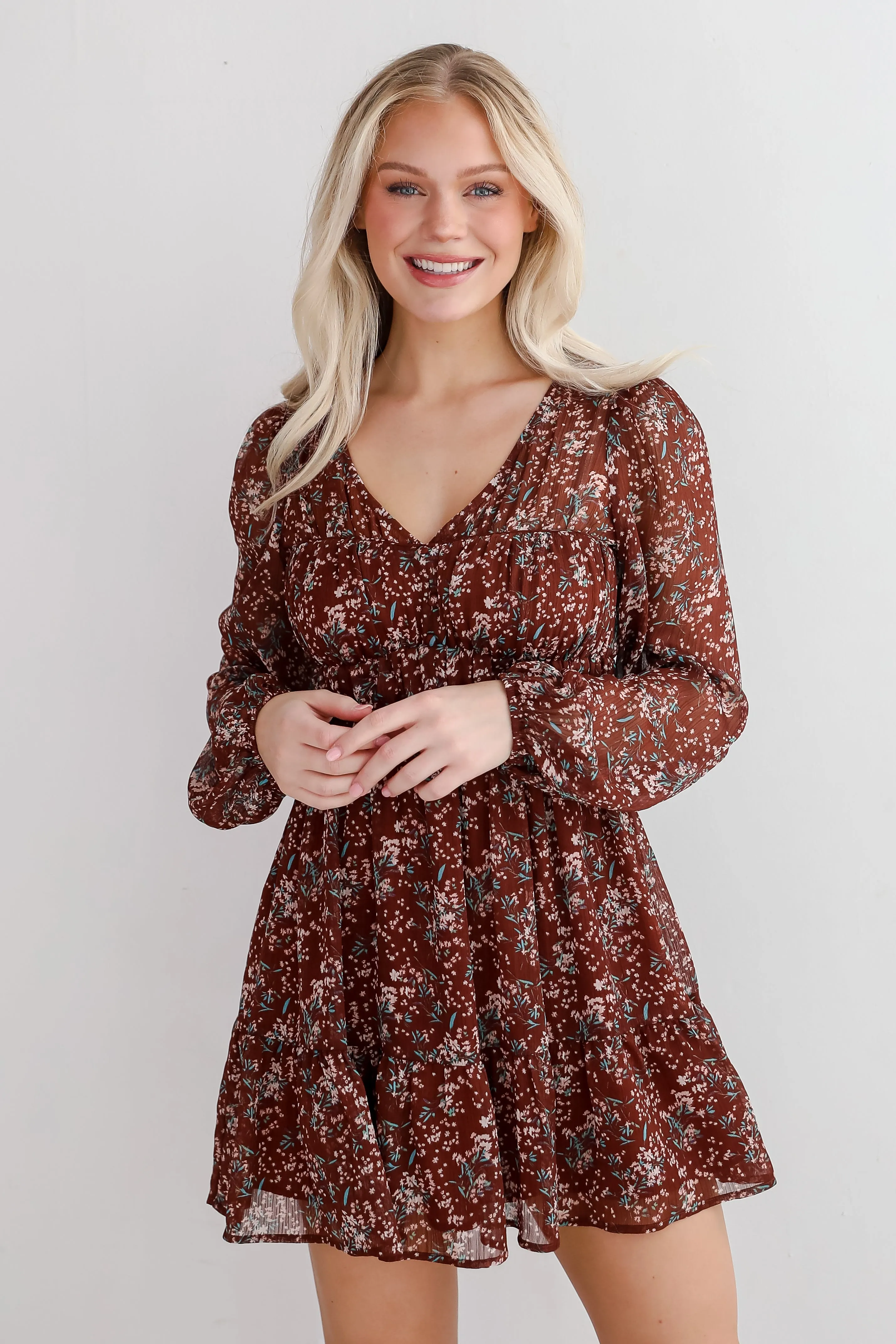 FINAL SALE - Charming Invitation Brown Floral Mini Dress