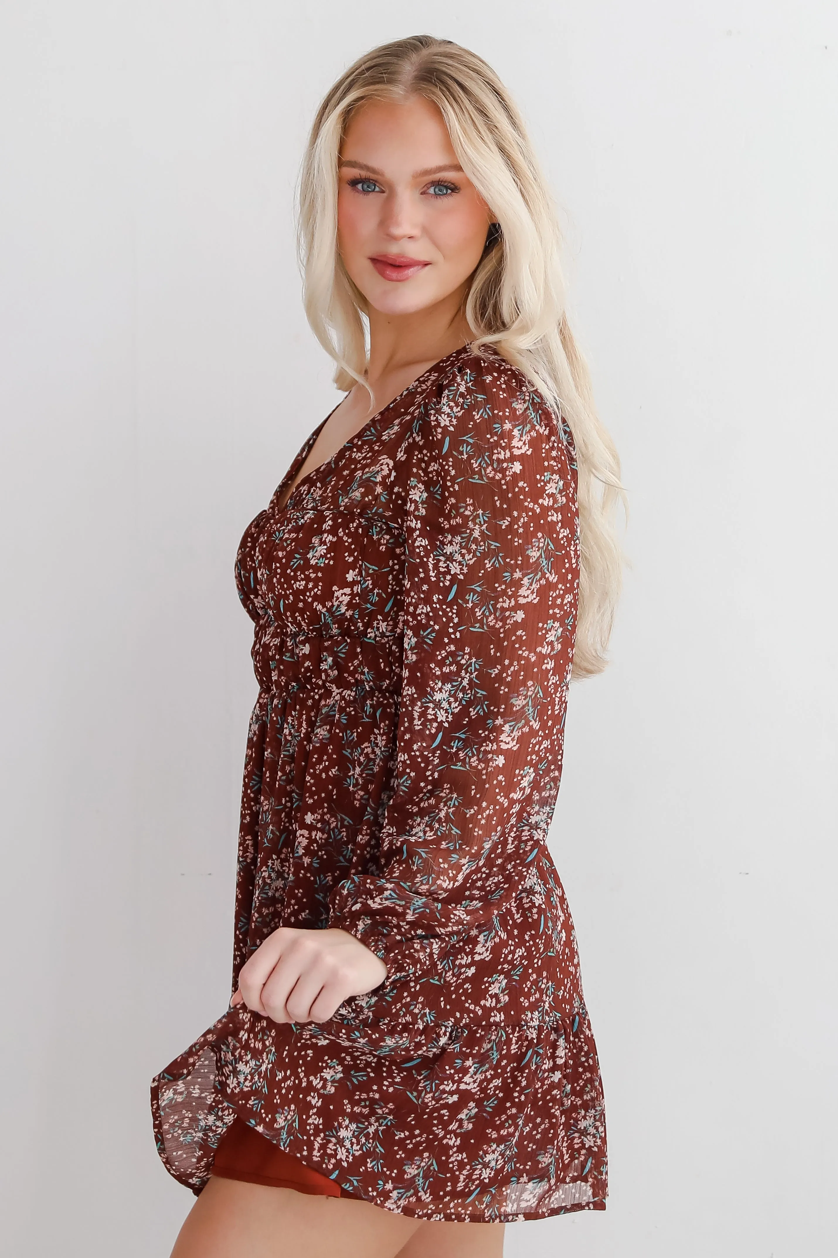 FINAL SALE - Charming Invitation Brown Floral Mini Dress