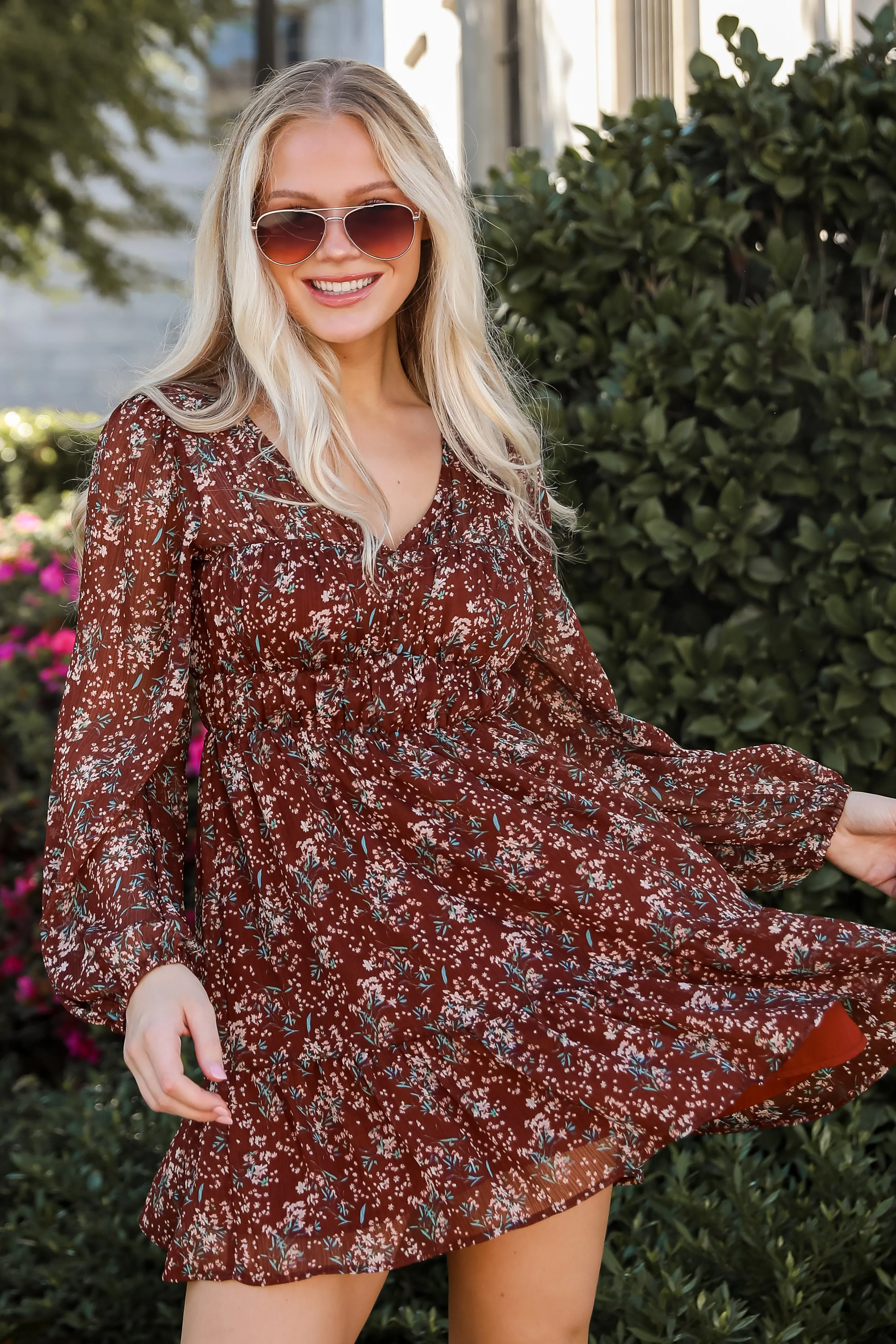 FINAL SALE - Charming Invitation Brown Floral Mini Dress