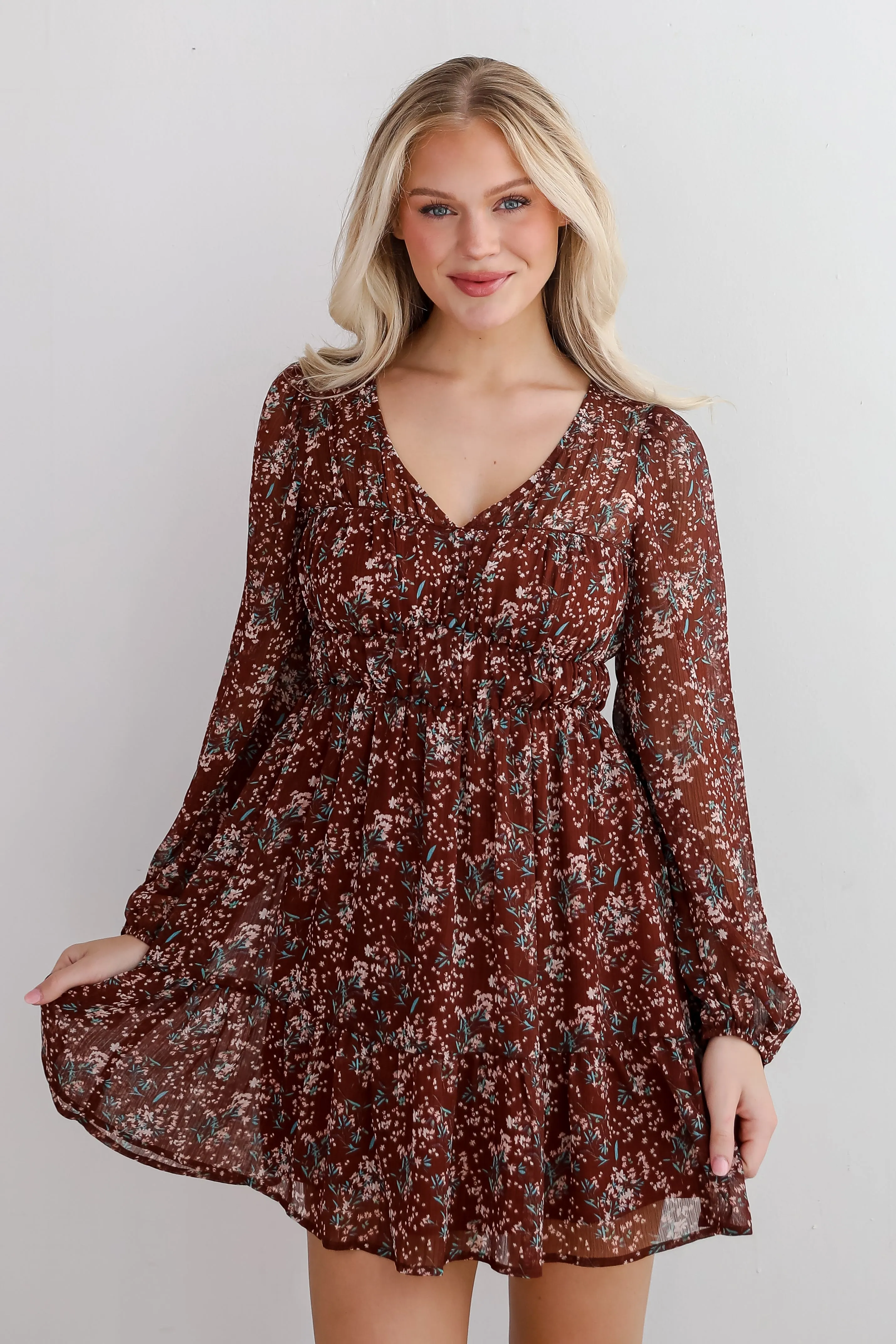 FINAL SALE - Charming Invitation Brown Floral Mini Dress