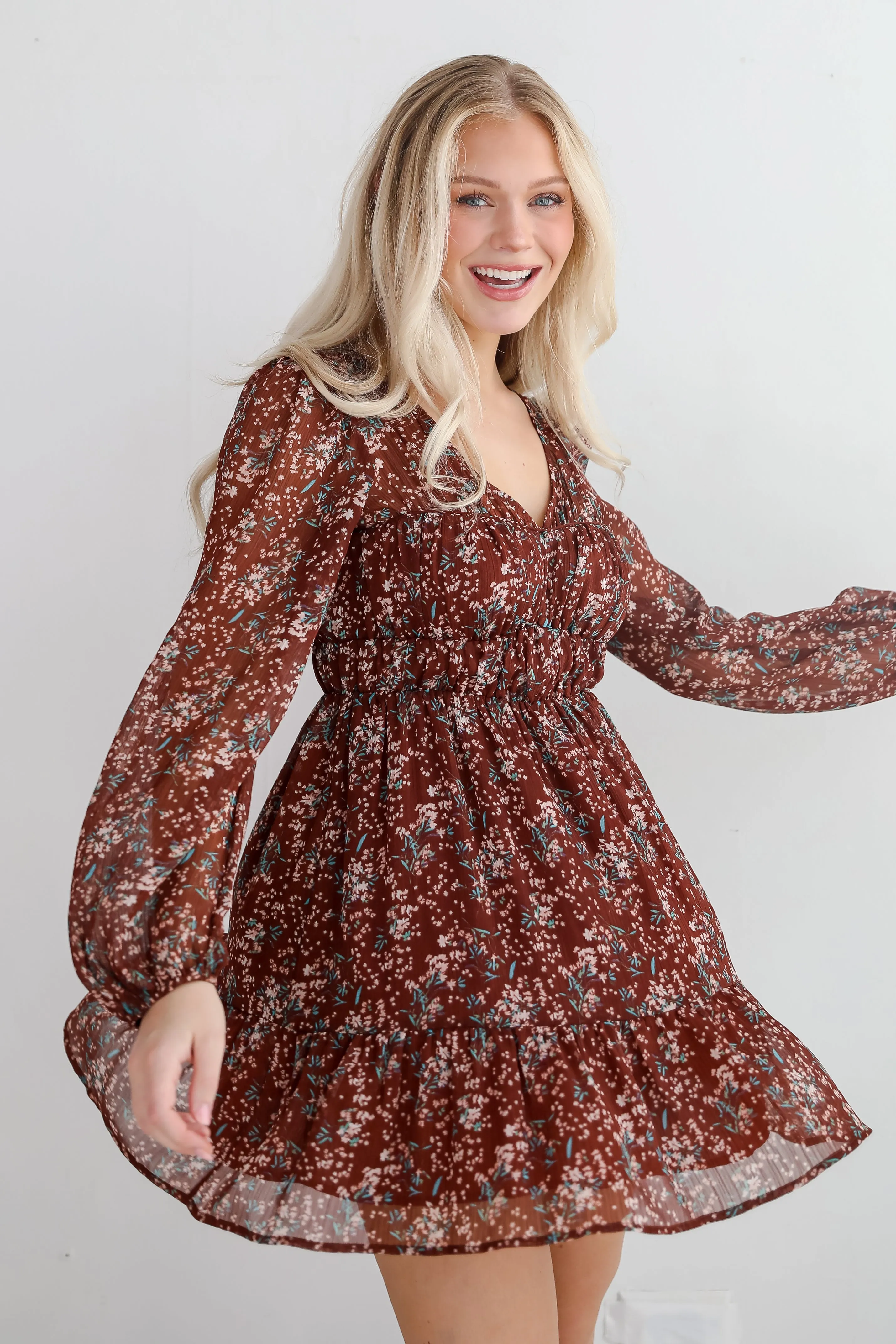 FINAL SALE - Charming Invitation Brown Floral Mini Dress