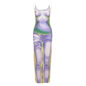 KAOBIO Women's 3D Body Print Maxi Dress Shiny U-Neck Spaghetti Strap Y2K Aesthetic Clothing Club Party Outfits (B Lilac,S)