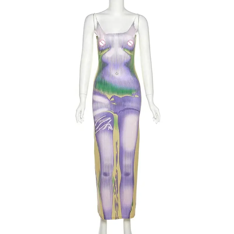 KAOBIO Women's 3D Body Print Maxi Dress Shiny U-Neck Spaghetti Strap Y2K Aesthetic Clothing Club Party Outfits (B Lilac,S)