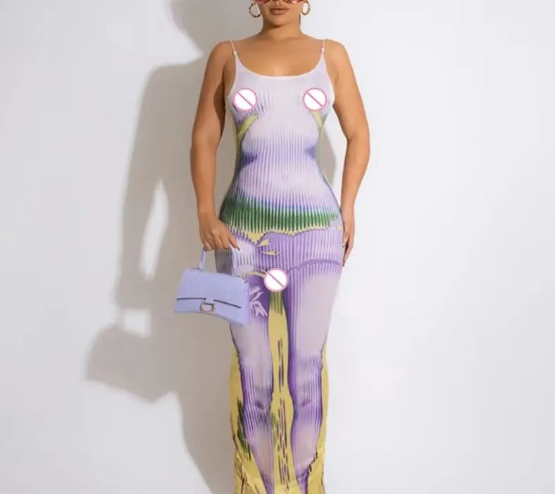 KAOBIO Women's 3D Body Print Maxi Dress Shiny U-Neck Spaghetti Strap Y2K Aesthetic Clothing Club Party Outfits (B Lilac,S)