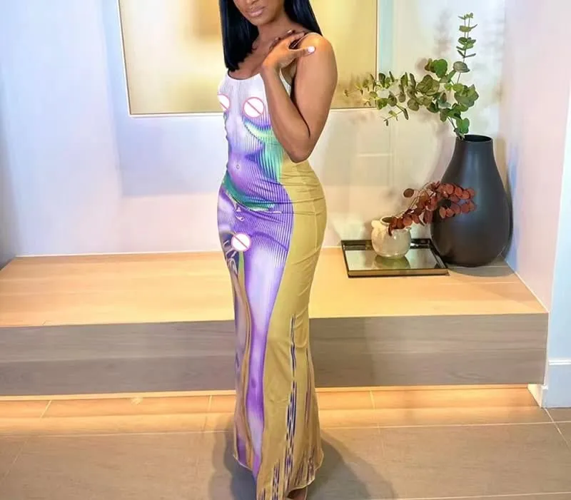 KAOBIO Women's 3D Body Print Maxi Dress Shiny U-Neck Spaghetti Strap Y2K Aesthetic Clothing Club Party Outfits (B Lilac,S)