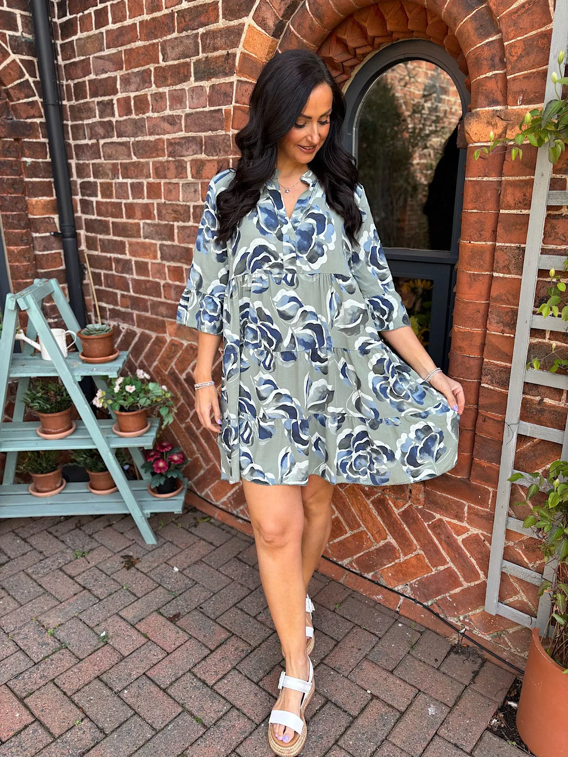 Khaki Flared Sleeve Floral Dress Debbie