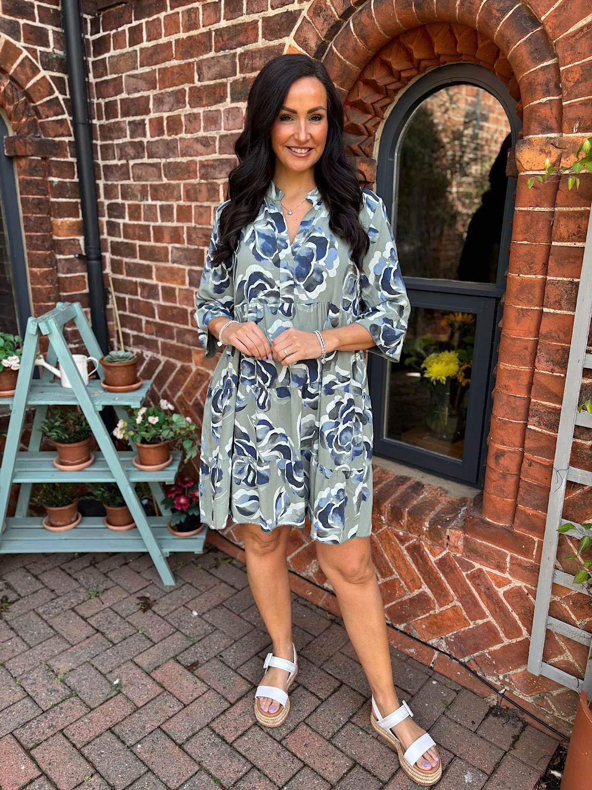 Khaki Flared Sleeve Floral Dress Debbie