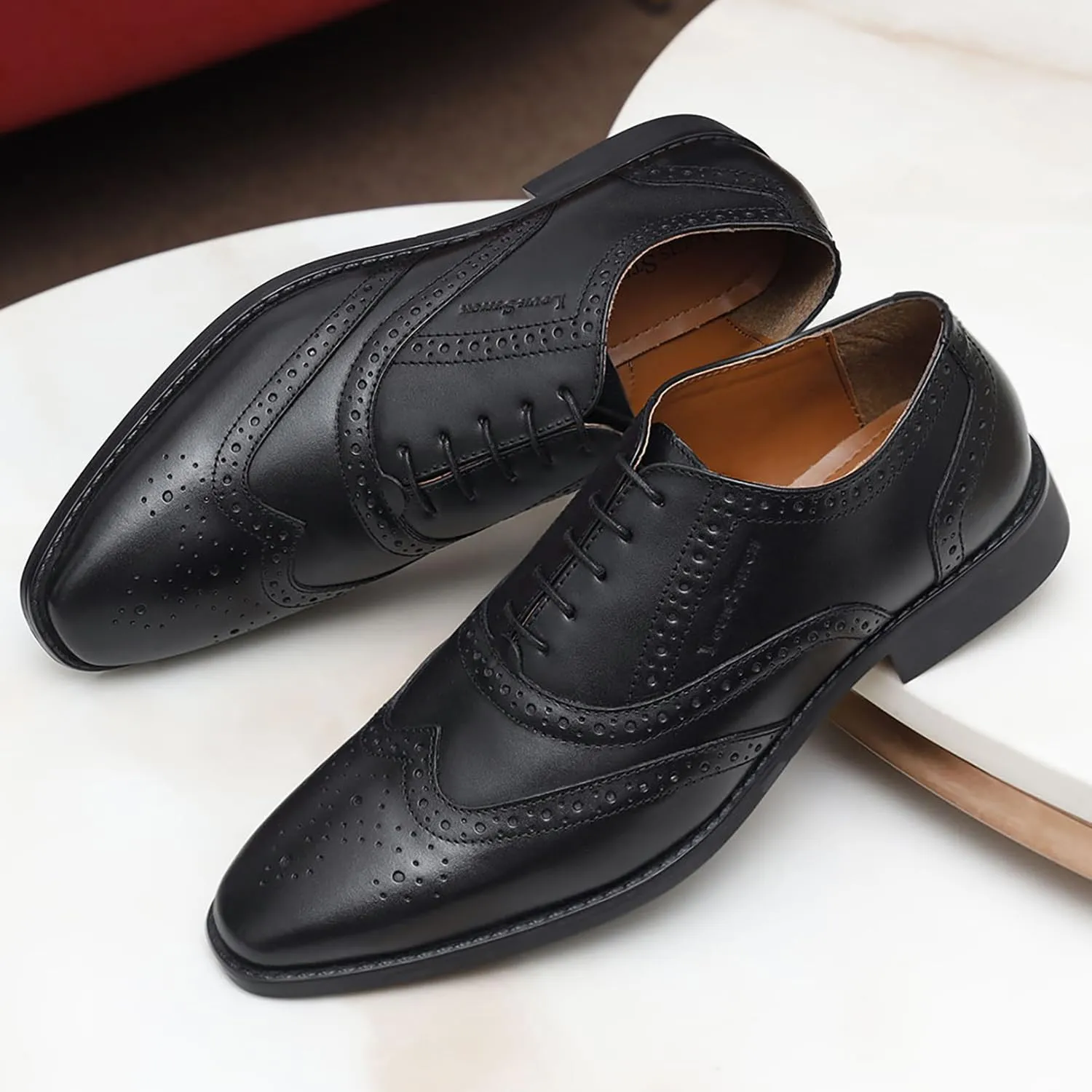 LOUIS STITCH Mens Obsidian Black Italian Leather Wingtip Brogue Handmade Formal Lace Up Shoe for Men (RXBG) - 8 UK