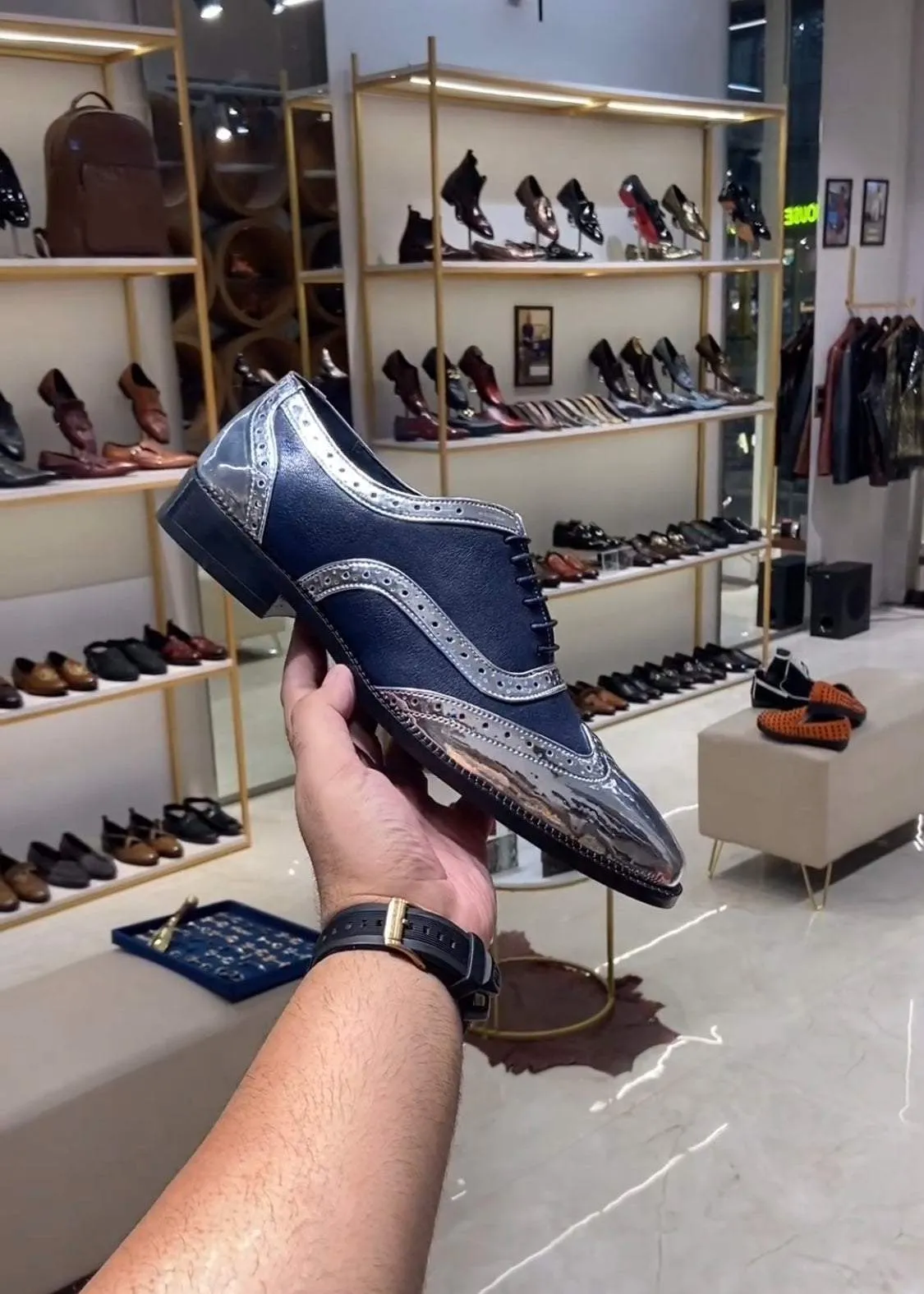 Metallic Silver & Blue Moroccan Leather Semi-brogue Oxfords