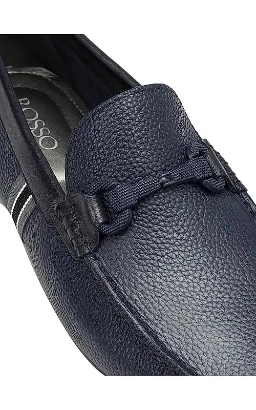 Navy Striped Leather Moccasins