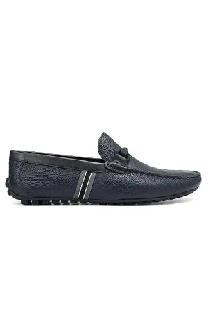 Navy Striped Leather Moccasins