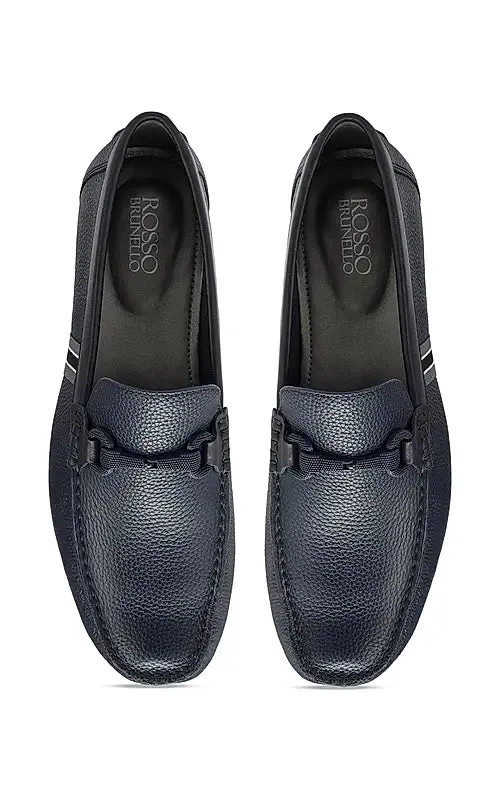 Navy Striped Leather Moccasins
