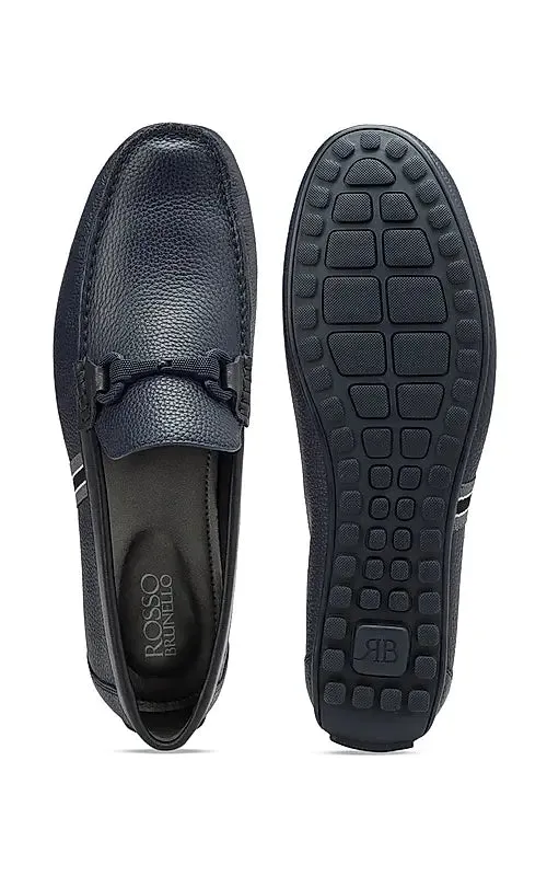 Navy Striped Leather Moccasins