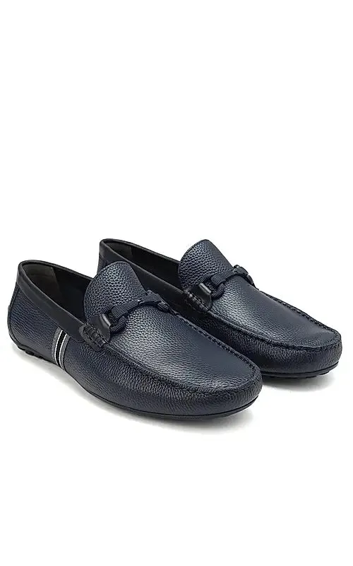 Navy Striped Leather Moccasins