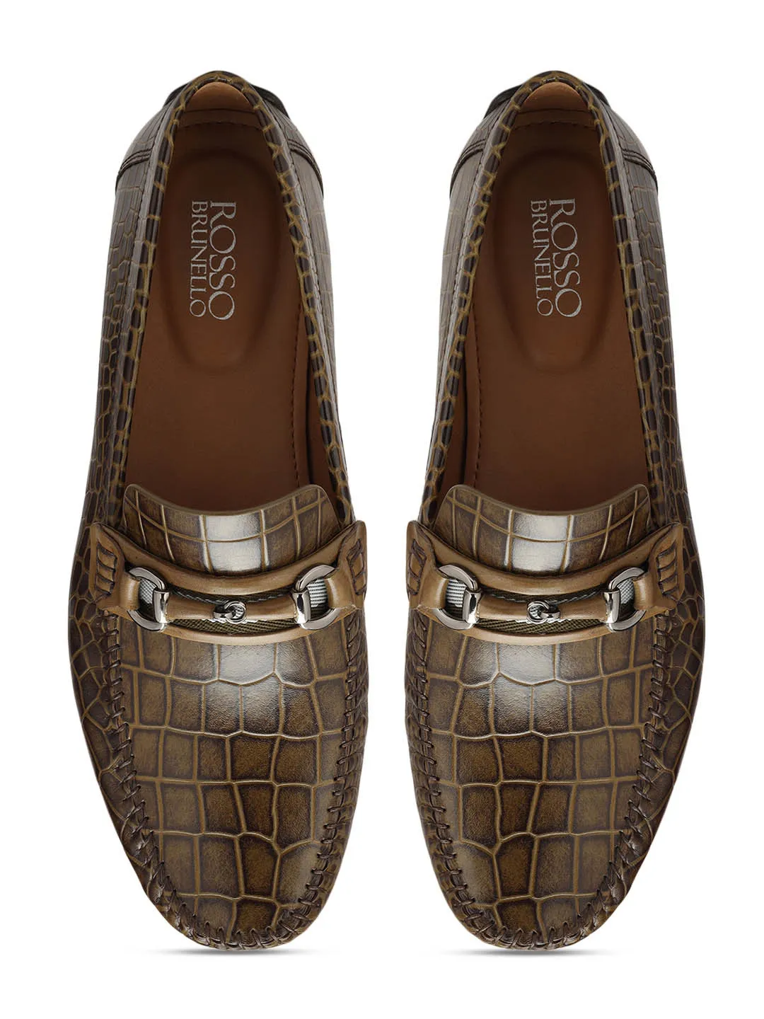 Olive Croco Textured Moccasins
