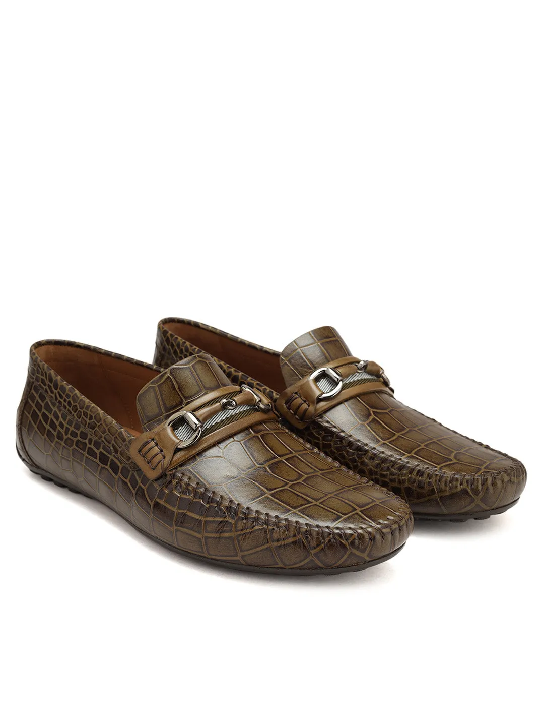 Olive Croco Textured Moccasins