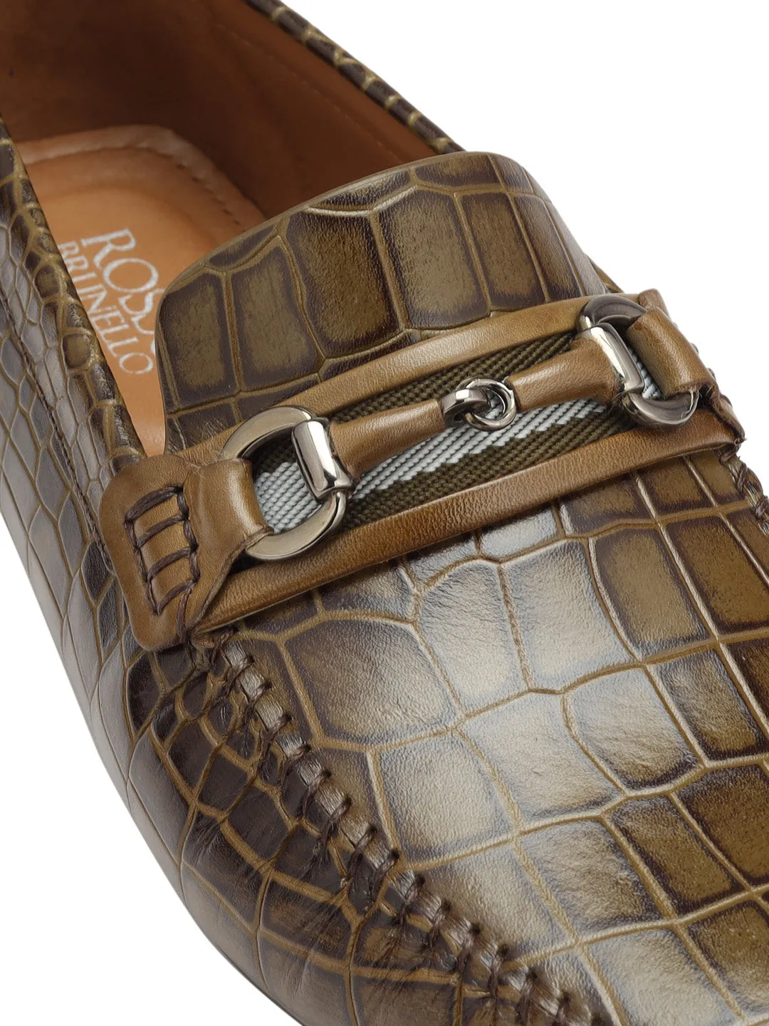 Olive Croco Textured Moccasins